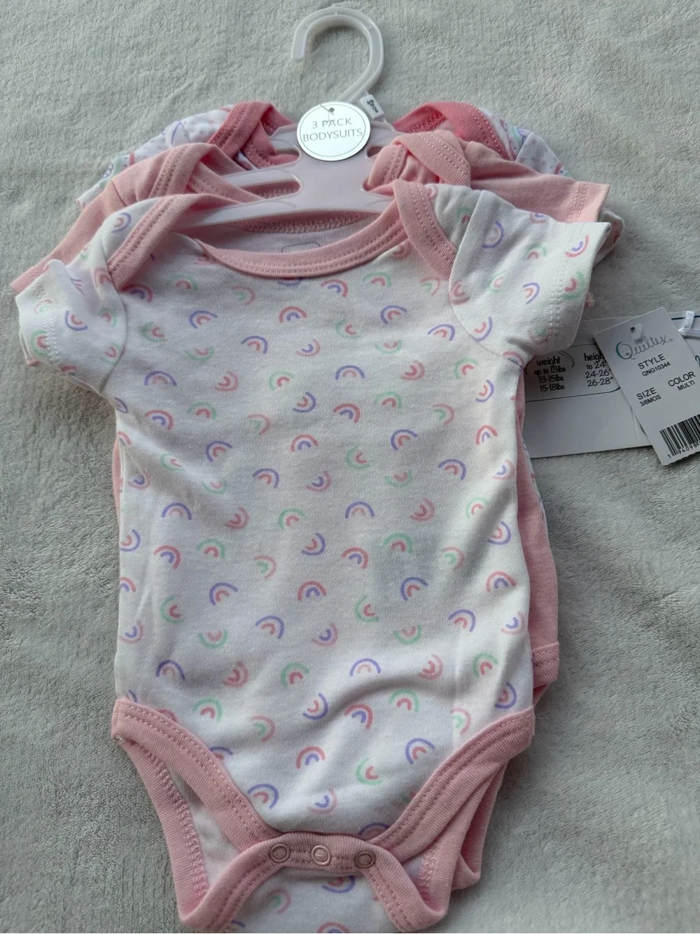 Quiltex Pink and Pastel Rainbow Print Baby Bodysuit 3-Pack Size 3/6